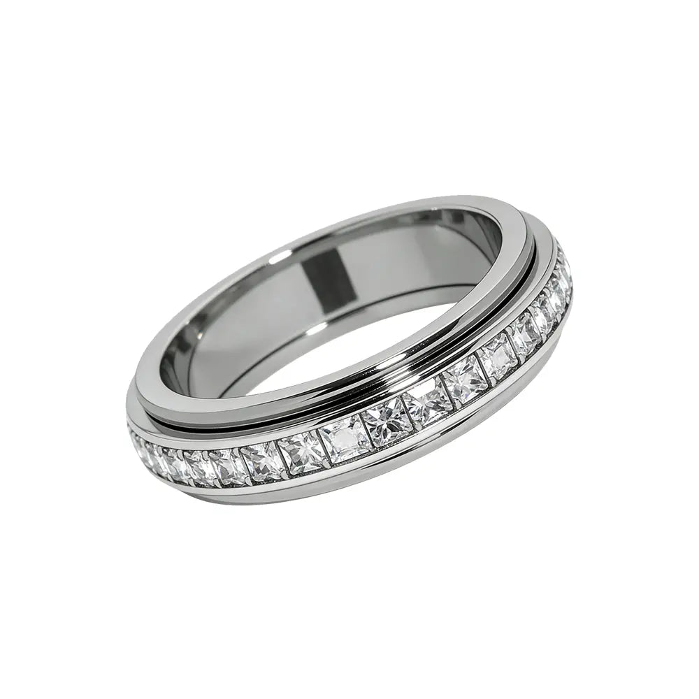 Anxiety Rings for Women and Men Titanium Steel Spinner Fidget Band Rings with Cubic Zirconia for Stress Relief and Wedding Promise Comfort Fit Size 5 to 12