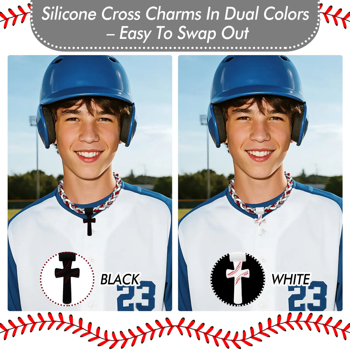 Baseball Necklaces for Boys 8-12, Triple Rope Tornado Sports Necklace with Cross Pendant, Soft Silicone & Rope Baseball Jewelry, Inspirational “I CAN DO ALL THINGS PHL4:13”, White, 18.11 in